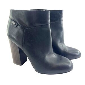 Tory Burch Leather Ankle Boots 9.5M Black Block Heel Side Zip Designer Chic
